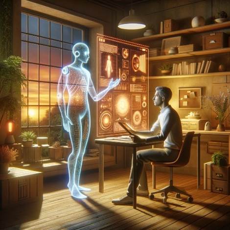 A person sitting at a desk looking at a human body

Description automatically generated